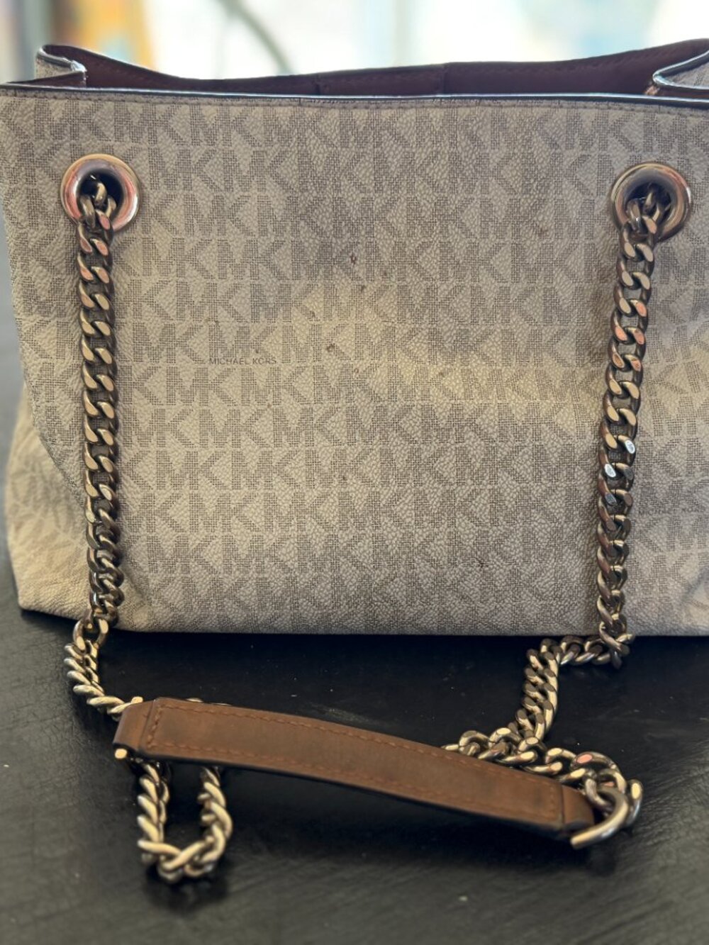 Michael Kors Jet Set Travel MK Monogram Chain Tote Shoulder Bag Vanilla Brown - Picture 9 of 16